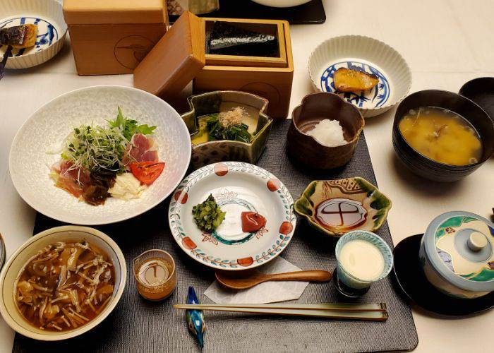 A luxurious kaiseki meal at Kawasemi in the Fukushima Prefecture, featuring many different dishes.